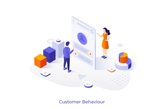 Learning Customer Behavior isometric conceptual template. Service and products consumers activity patterns analytics web page design vector illustration. Collecting and processing business data