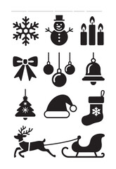 Black and white christmas including snowflake snowman candles bow ornaments bell tree hat stocking reindeer sled