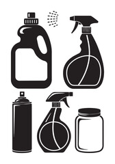 Black and white cleaning supplies spray bottles and containers