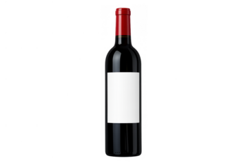 Red wine bottle featuring a blank white label and a red foil cap, perfect for branding mockups. Transparent background