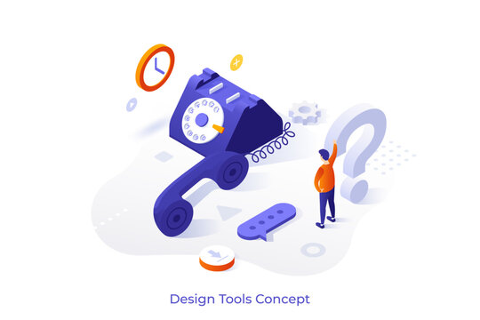Customer Support isometric conceptual page template. Doubted consumer with question by corded phone. Seeking help webpage design vector illustration. Get consultation from call center specialists