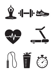 Black and white fitness including yoga person dumbbell shoe heart rate monitor treadmill jump rope protein shaker and