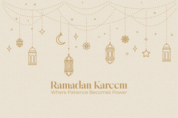 Ramadan Kareem - Eid Mubarak Greeting  With Minimal Line Icon Hanging Lantern And Elegant Crescent Moon Star.