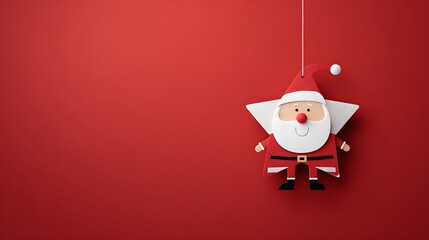 A hanging star-shaped Santa Claus ornament against a solid red background