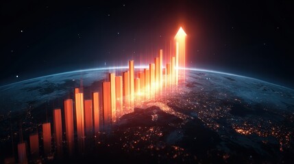Glowing upward graph with financial data and bar chart over digital world map interface.