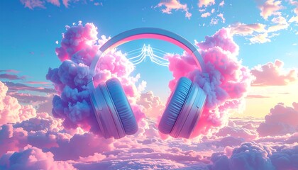 Floating Headphones in Dreamy Pastel Sky with Pink Clouds