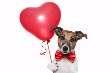 Cute jack russell terrier dog wearing red bowtie holding heart shaped balloon on white background with cute