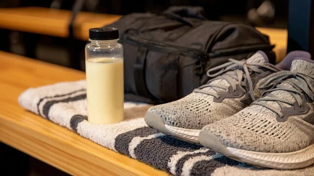 365Gym essentials on a locker room bench, gym bag, water bottle, glass of creatine or protein powder, sneakers, and towel neatly arranged, warm lighting highlighting textures and fitn