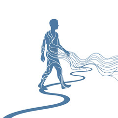 Fototapeta premium Artistic silhouette of a figure walking alongside flowing lines, symbolizing movement and progress in a minimalist design perfect for use in modern graphic projects.