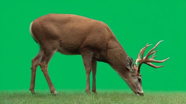 A deer with large antlers grazing on grass in a field with green background