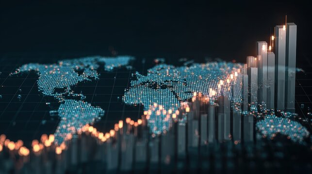Glowing upward graph with financial data and bar chart over digital world map interface. - Powered by Adobe