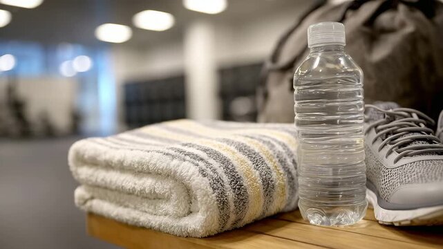 370Locker room fitness setup, gym bag and sneakers next to a towel and water bottle, glass of creatine powder, modern gym textures and subtle reflections, emphasizing preparation for