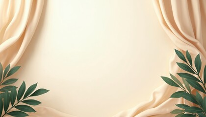 Illustration of beige fabric with green leaves. Elegant design shows soft textile with botanical accents. Neutral background for various creative projects such as posters or art.