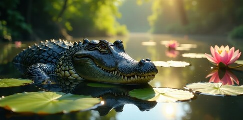Huge alligator basks, sunlight filters through water lilies , large, wildlife, reptile