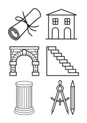 Black and white line of architectural including house stairs arch column scroll and drafting tools