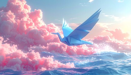 Dreamy Blue Origami Crane Above Pink Clouds and Sparkling Sea