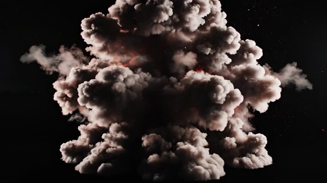 Explosive cloud explosion on black background with fire and smoke