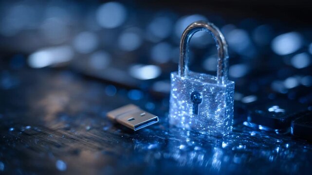 383Digital security visualization, locked padlock and USB flash drive on dark surface, blue LED glow reflecting on nearby surfaces, concept of safe data storage