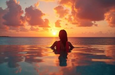 Fototapeta premium Girl watches sunset in ocean water pool. Woman relaxes in outdoor pool at luxury hotel. Female person looks at sea during summer vacation on exotic caribbean island.