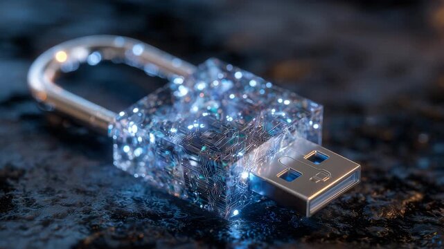 387USB drive illuminated with blue light next to padlock, futuristic tech style, dark moody background, symbolizing cybersecurity and data protection