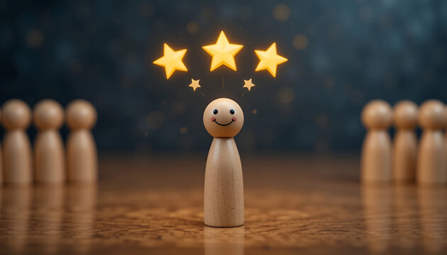 Top rated employee performance and customer feedback concept with three stars over smiling wooden figure for business success landing page