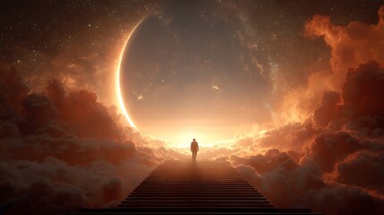 A lone figure ascends a celestial staircase toward a vibrant orange-hued cosmic event