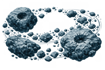 Asteroids forming an orbiting belt in cosmic space, floating with craters on transparent background