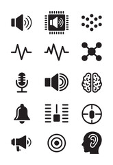 Black and white of audio and brain related symbols speaker