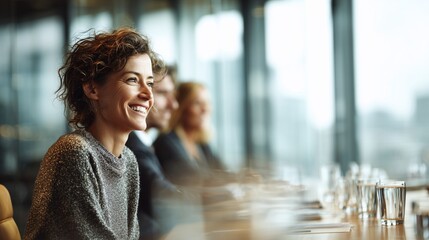 Smiling woman attending a business conference with colleagues in a bright office environment