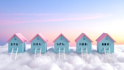 Dream Homes on Clouds with Ladders in Pastel Sky Real Estate Concept