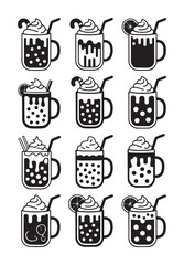 Black and white of bubble tea drinks with various toppings