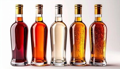 A row of five assorted liquor bottles, showcasing their rich colors