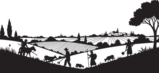 Obraz premium Rural landscape with farmers working in the fields together