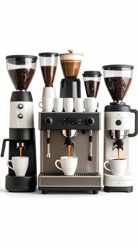Multiple coffee machines and grinders aligned on a white background, brewing into mugs for coffee preparation.