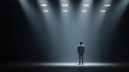 A man in a suit stands under dramatic spotlights in a dark, mysterious setting