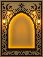Islamic decorative arch frame with lanterns and crescent moons on beige background for ramadan or eid with ornate