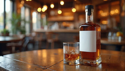 Transparent whiskey bottle and glass with amber liquid sit on wooden table. Blurred cafe background with warm lights and plants creates cozy atmosphere. Mockup for drinks.