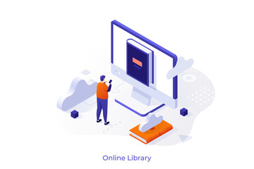 Concept with person standing in front of laptop and books. Scene for cloud library, global internet service for textbooks storage, electronic bookshelf. Isometric vector illustration.