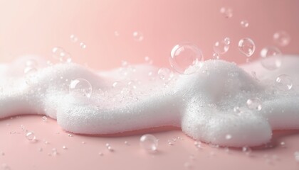 Fototapeta premium White fluffy foam with many small clear bubbles rests on soft pale pink surface. Looks fresh, clean, suggesting gentle cosmetic skincare product use. Light pink background creates peaceful beauty