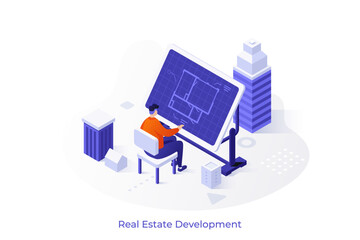 Architect designer working on interactive drawing board in agency. Real estate construction planning concept isometric vector illustration. Flat project developing cartoon character scene