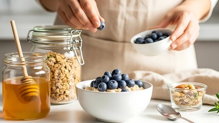 Preparing a healthy breakfast bowl with fresh blueberries and honey
