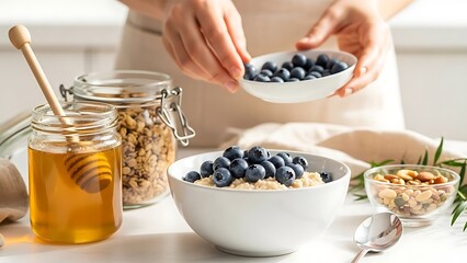 Hands adding fresh blueberries to a healthy breakfast bowl