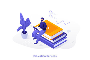 Student with laptop sitting on books stack at home. Education and knowledge sources concept isometric vector illustration. Entrepreneur studying on internet cartoon character scene
