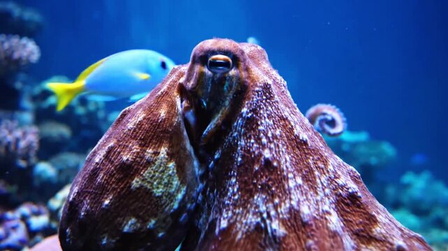 Underwater Video of Octopus with Extended Tentacles and Swimming Fish in Aquarium