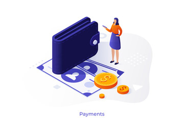 Man recharging online bank account via laptop. Electronic wallet service concept isometric vector illustration. User making internet financial transaction cartoon character scene