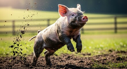 Piglet leaps through mud, kicking dirt in a grassy field.