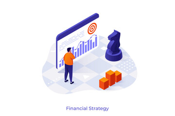 Vector illustration with man analyzing progress chart with target. Isometric concept for financial strategy, business planning and investment management.