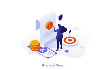 Isometric vector illustration with woman creating financial strategy looking at document with money. Investment planning and achieving wealth concept. Budget management for business.