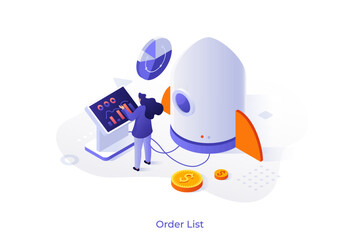 Woman analyzing data dashboard for business growth strategy using a rocket as a startup launch concept. Isometric vector illustration for project development.