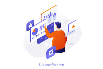 Man analyzing business data on dashboard and screen. Isometric 3d flat vector illustration, concept of strategy planning, business analysis, and financial management for innovation solution.